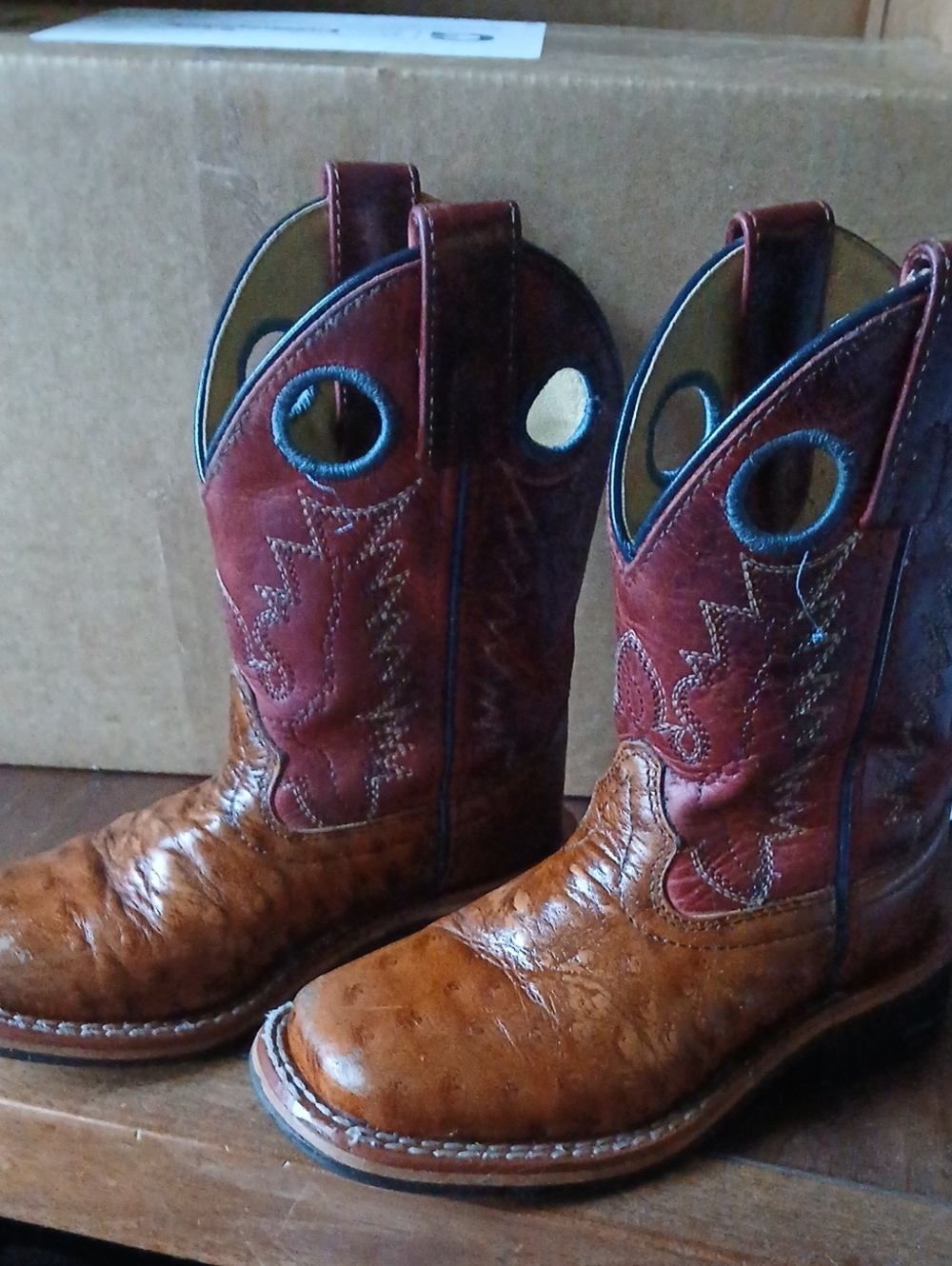 Kids 9.5 Brown and Red Western Ostrich-like Pull-On Cowboy Boots